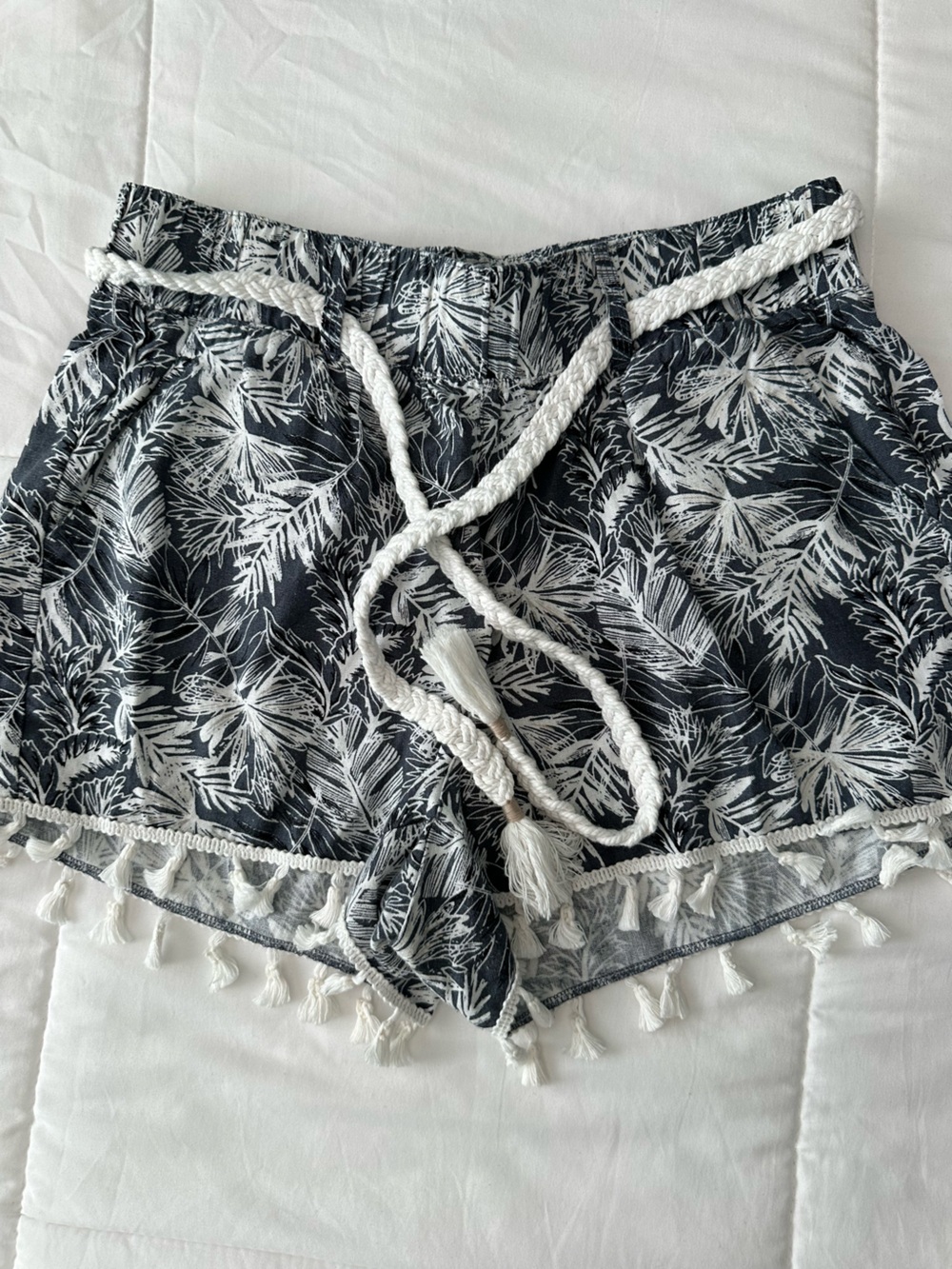 Rewash Blue & White Tropical Tassel High-Waisted Shorts